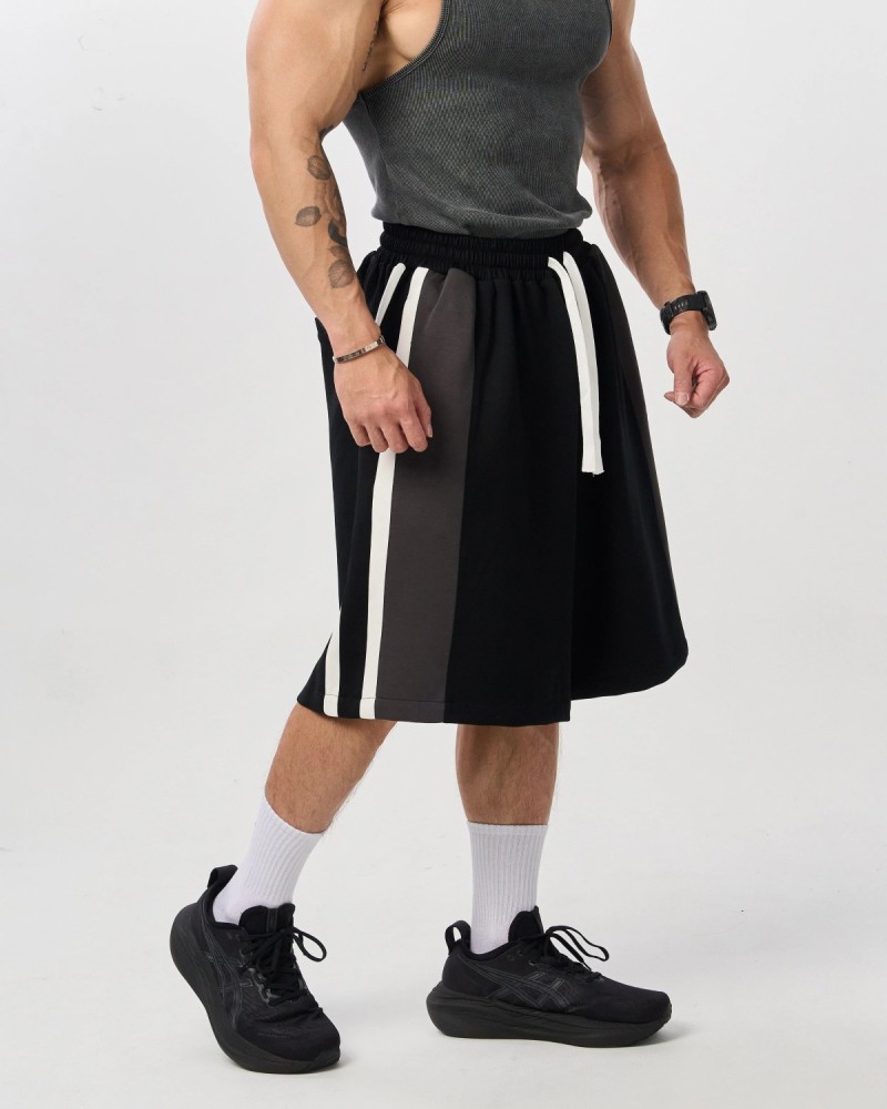 M-Life Stripe Pockets Wide Half Pants (Black)