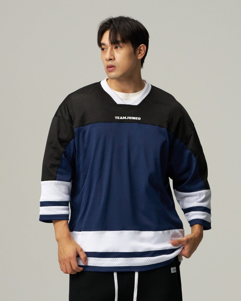 Mesh Spliced 3/4 Sleeve Jersey (Blue)
