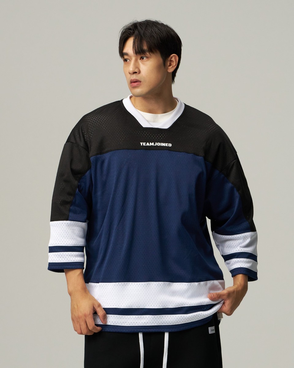 Mesh Spliced 3/4 Sleeve Jersey (Blue)