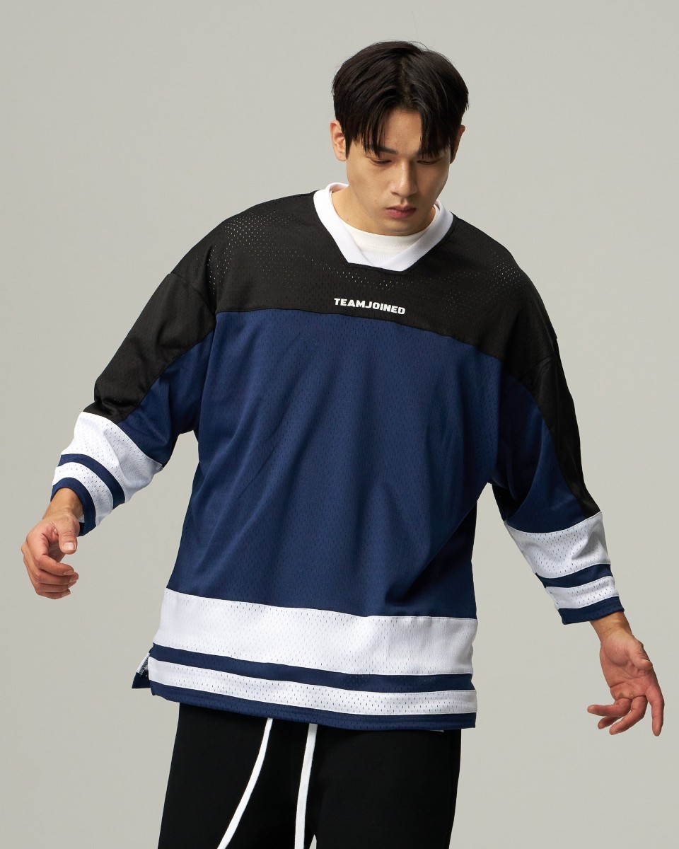 Mesh Spliced 3/4 Sleeve Jersey (Blue)