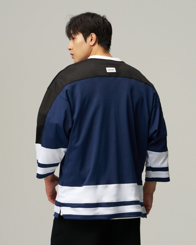 Mesh Spliced 3/4 Sleeve Jersey (Blue)