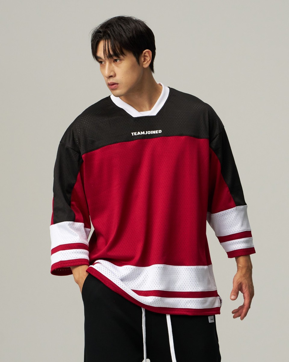 Mesh Spliced 3/4 Sleeve Jersey (Red)