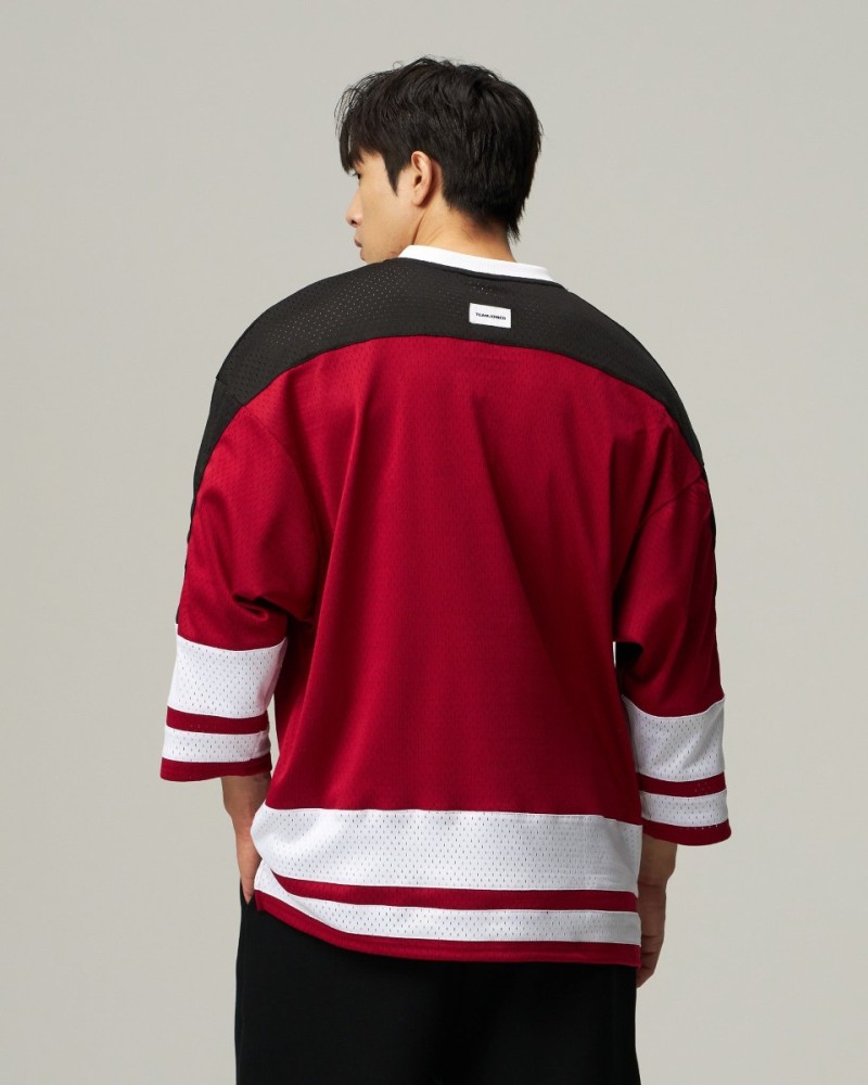 Mesh Spliced 3/4 Sleeve Jersey (Red)