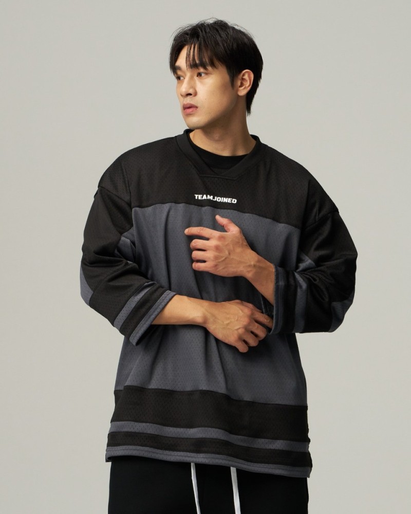 Mesh Spliced 3/4 Sleeve Jersey (Grey)