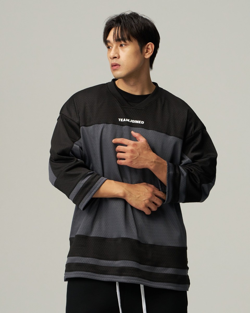 Mesh Spliced 3/4 Sleeve Jersey (Grey)